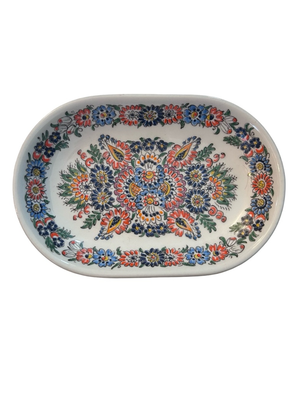 Vintage Floral Hand-Painted Ceramic Tray, Folk Art Floral Dish, Artist Signed